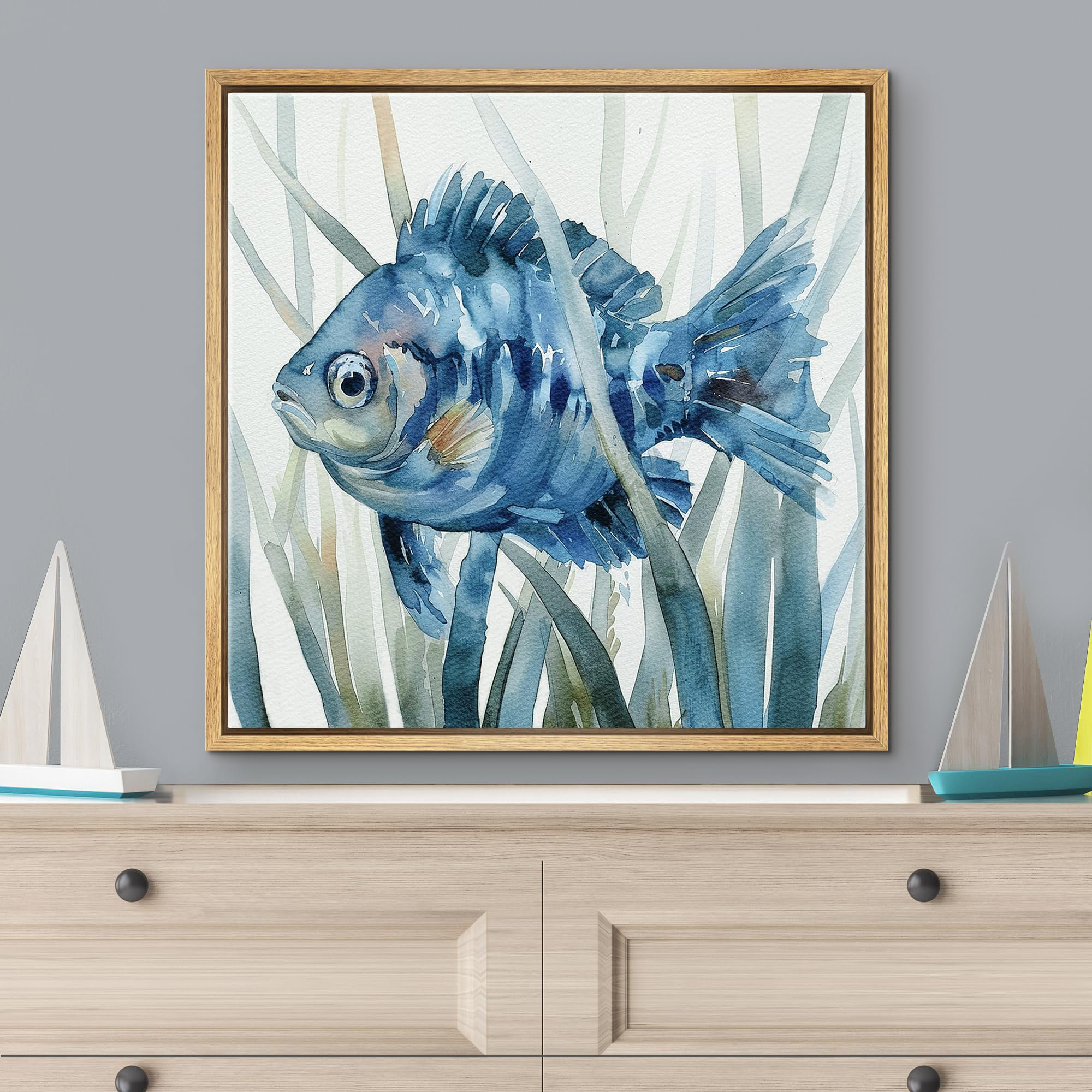 wall26 " Majestic Blue Fish Aquatic Life Watercolor Coastal Nautical ...